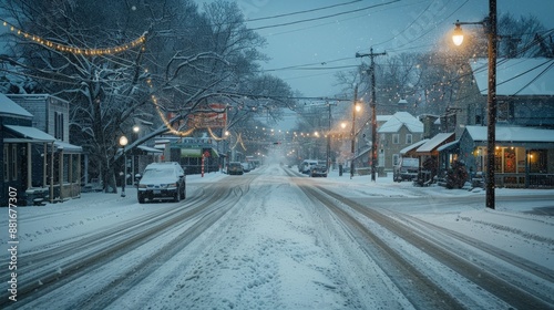 Street in a small town during a heavy snowfall, street lights casting a soft glow on the thick blanket of snow.