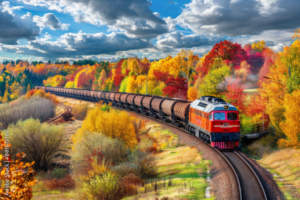 Fototapeta premium Diesel freight train pulls wagons through a autumn or fall landscape, rail transport of goods between cities or countries, export and import of goods, land transport.