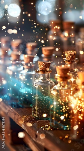 Enchanted Apothecary: Shimmering Vials of Otherworldly Potions in a Mystical Glass Arrangement