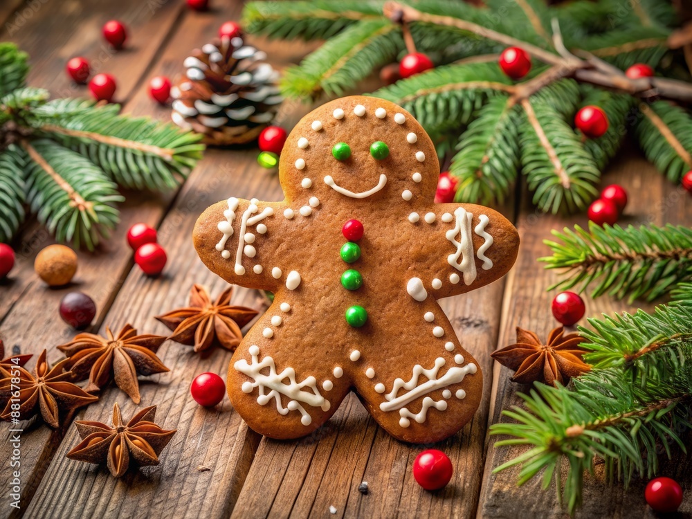 A warm and inviting holiday scene features a large, decorative gingerbread cookie with festive sprinkles, sitting on a rustic wooden table. A warm and inviting holiday scene features a large, decorative gingerbread cookie with festive sprinkles, sitting on a rustic wooden table.