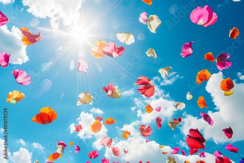 colorful flower petals flying against blue sunny sky bright summer vibes