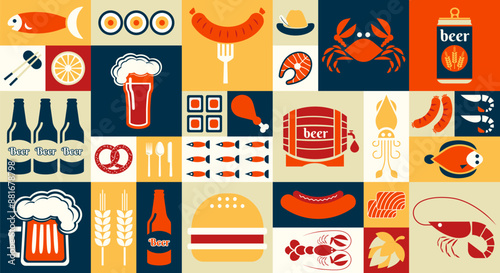 Simple geometric background. Mosaic beer, glass, can, crab, fish, oyster, octopus, salmon, sausages, hot dog. Big beer pattern