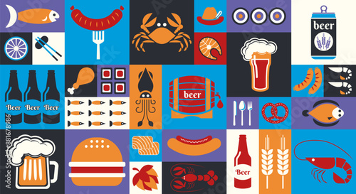 Simple geometric background. Mosaic beer, glass, can, crab, fish, oyster, octopus, salmon, sausages, hot dog. Big beer pattern