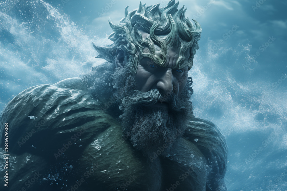 Image of the Greek god Poseidon. Greek mythology. Ancient Greece. World of the gods. God of Olympus. God of the sea. Poseidon in the sea. Image of the Greek god Poseidon. Greek mythology. Ancient Greece. World of the gods. God of Olympus. God of the sea. Poseidon in the sea.