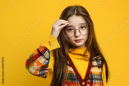 Young stylish girl dressed in knitwear waistcoat, touching glasses, looking at discount area on yellow background. photo