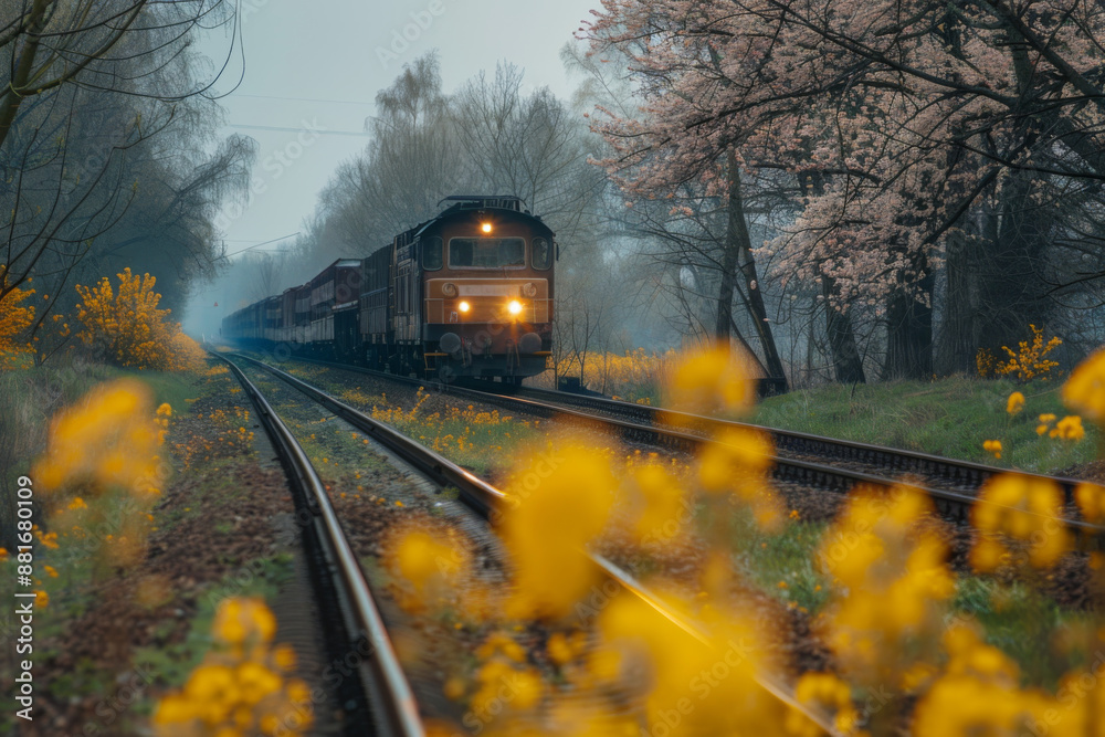 Diesel freight train pulls wagons through a spring landscape, rail transport of goods between cities or countries, export and import of goods, land transport Diesel freight train pulls wagons through a spring landscape, rail transport of goods between cities or countries, export and import of goods, land transport