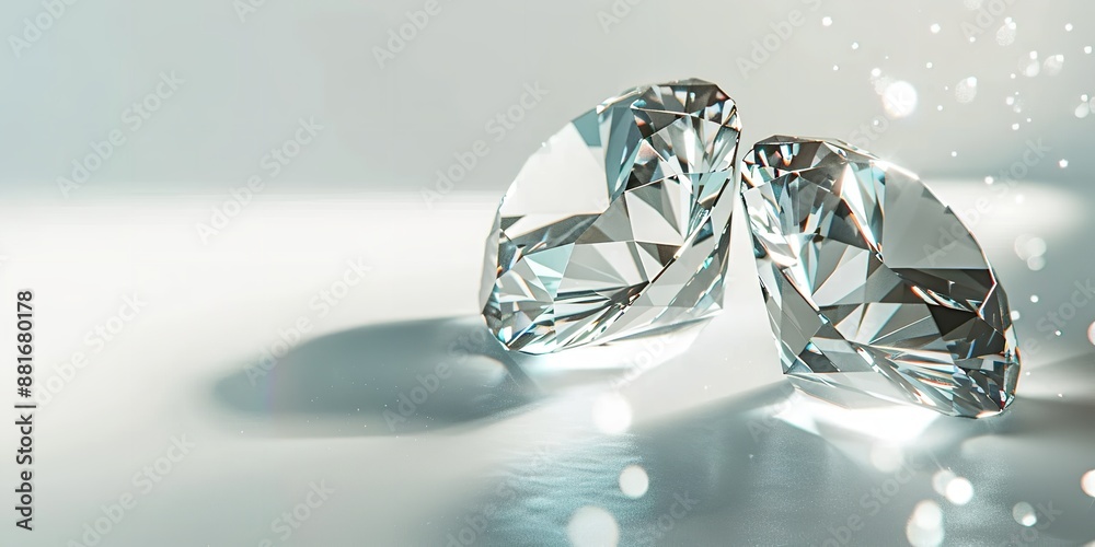 Detailed view of delightful glittering diamonds swirling in midair on a white backdrop with abundant space to include marketing content, Generative AI. Detailed view of delightful glittering diamonds swirling in midair on a white backdrop with abundant space to include marketing content, Generative AI.