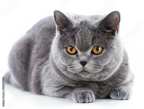 British Shorthair cat with round face sitting calmly on pure white background, cat breeds, friendly and plush pet