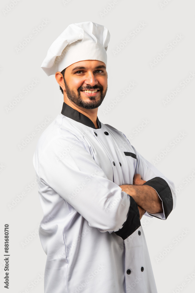 Smiling Asian Indian chef or professional cook with folded hands, isolated white background. Smiling Asian Indian chef or professional cook with folded hands, isolated white background.
