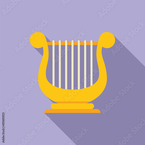 Golden harp standing on a purple background, casting a shadow