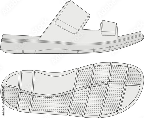 Strap sandal outline drawing vector, flip-flop design, side and outsole view