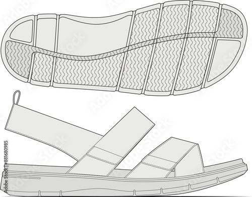 Strap velcro sandal outline drawing vector, flip-flop design, side and outsole view