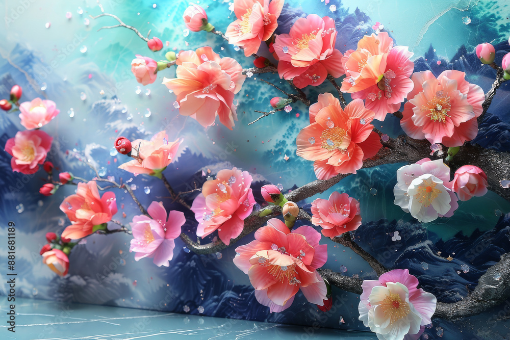Fototapeta premium パネルの壁アート、壁の装飾、花のデザインの大理石の背景