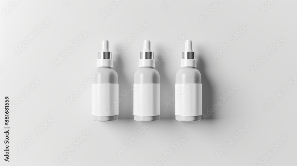 Clean and Minimalist Trio of White Cosmetic Bottles on Seamless Background Clean and Minimalist Trio of White Cosmetic Bottles on Seamless Background