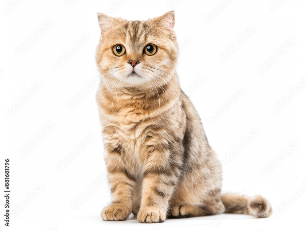Scottish Fold cat with folded ears sitting cutely on pure white background, cat breeds, unique and adorable Scottish Fold cat with folded ears sitting cutely on pure white background, cat breeds, unique and adorable