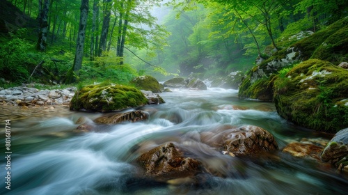 Serene River Flowing Through a Misty Forest