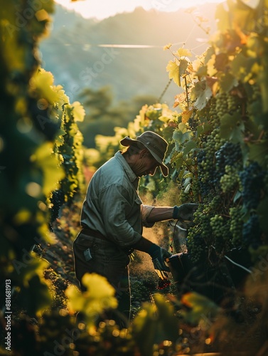 Unidentified vineyard employee meticulously cares for thriving grapevines in a sun-drenched vineyard, highlighting conventional viticulture methods.
