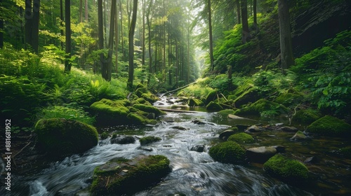 Sunlit Stream in a Lush Green Forest