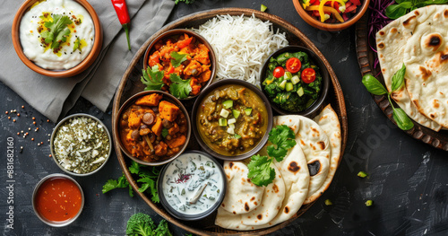 An aerial view of an Indian thali with rice, vegetables and various curries in small bowls surrounded by naan breads on the side. Created with Ai
