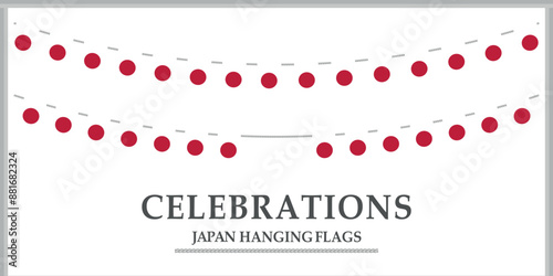 Japan flag bunting. Set of Patriotic hanging flags. Japanese Flags With Rope. Social media post or template. Bunting decoration flag isolated on white background,