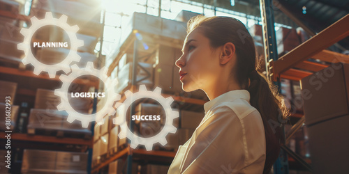 A young woman in business attire looks in a warehouse. Symbols of planning, logistics and success. Concept of successful merchandise management