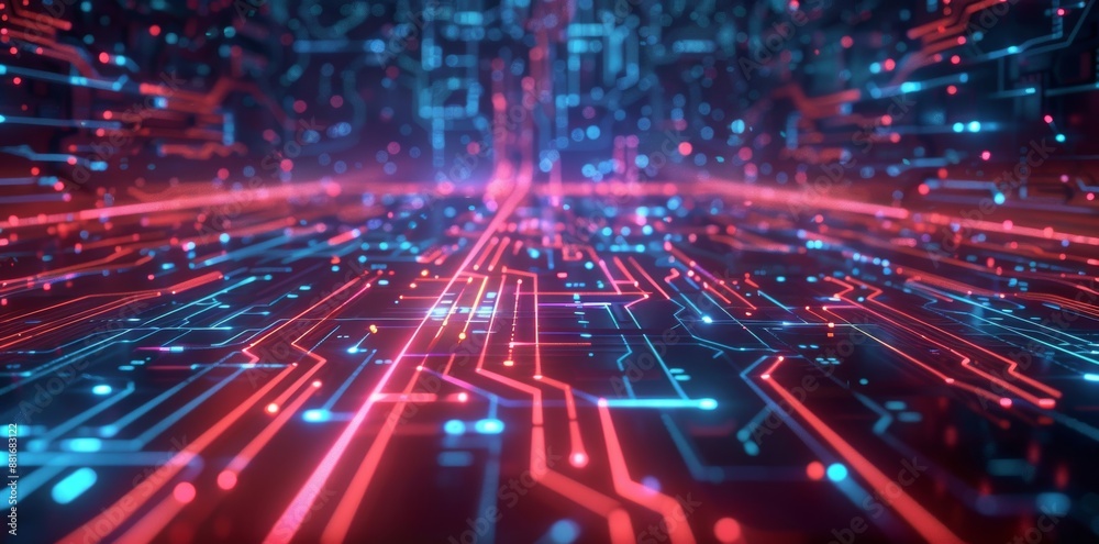 Futuristic digital circuits illuminated with red and blue light. Set in a cybernetic landscape. It creates a lively and technological scene. Futuristic digital circuits illuminated with red and blue light. Set in a cybernetic landscape. It creates a lively and technological scene.