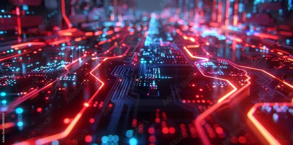 Futuristic digital circuits illuminated with red and blue light. Set in a cybernetic landscape. It creates a lively and technological scene. Futuristic digital circuits illuminated with red and blue light. Set in a cybernetic landscape. It creates a lively and technological scene.