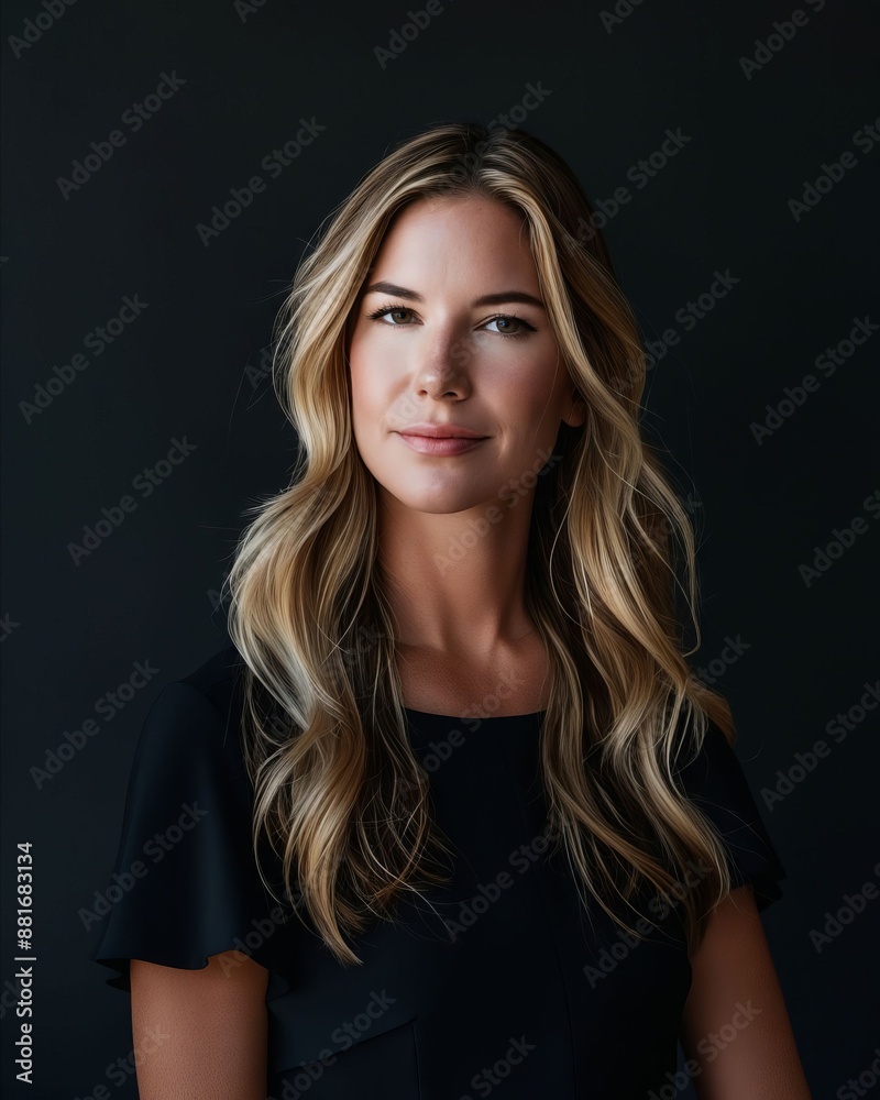 A woman with long blonde hair and black dress. A woman with long blonde hair and black dress.
