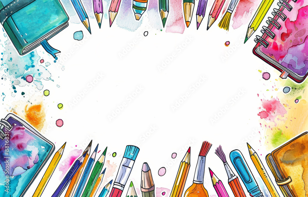 Watercolor back-to-school frame with notebooks, pencils, and art supplies, blank center space
