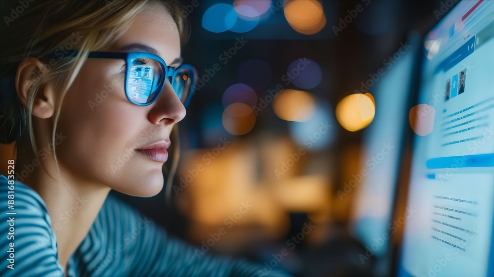 A woman in glasses looking at a computer screen. A woman in glasses looking at a computer screen.