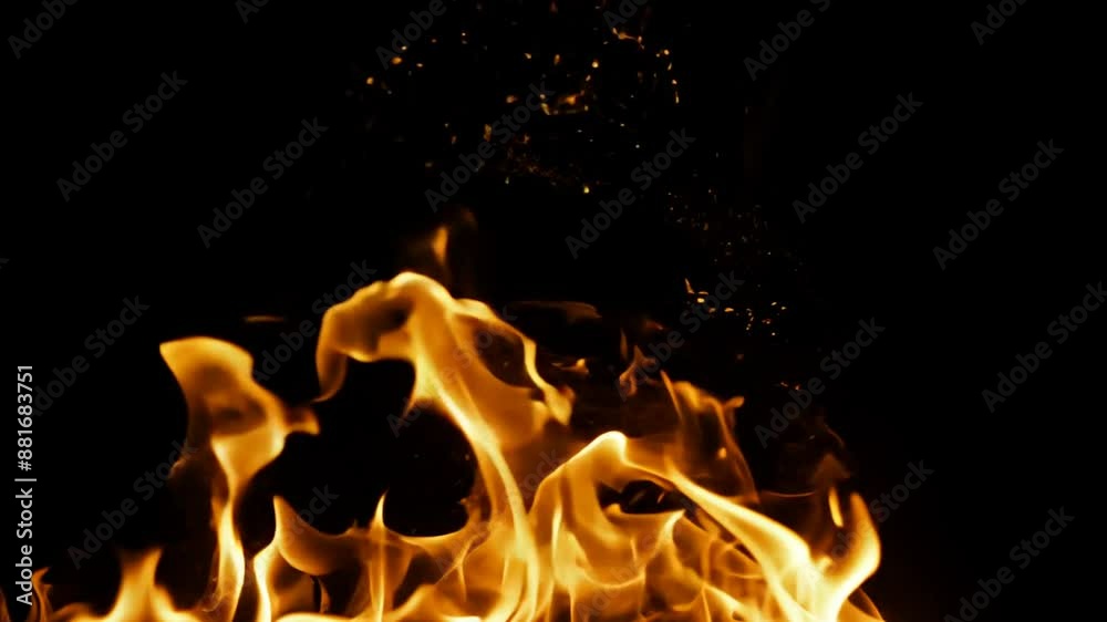 Flickering orange flames on a black background, fire, heat, danger, or passion, film overlay effect, motion elements, video effects