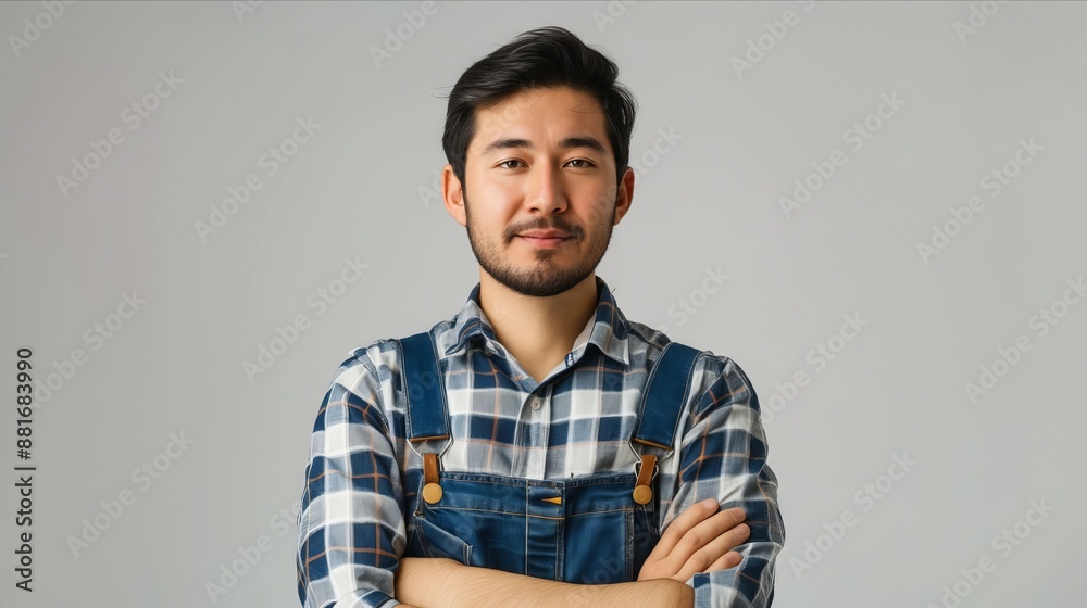 Asian man in overalls standing with his arms crossed. Asian man in overalls standing with his arms crossed.