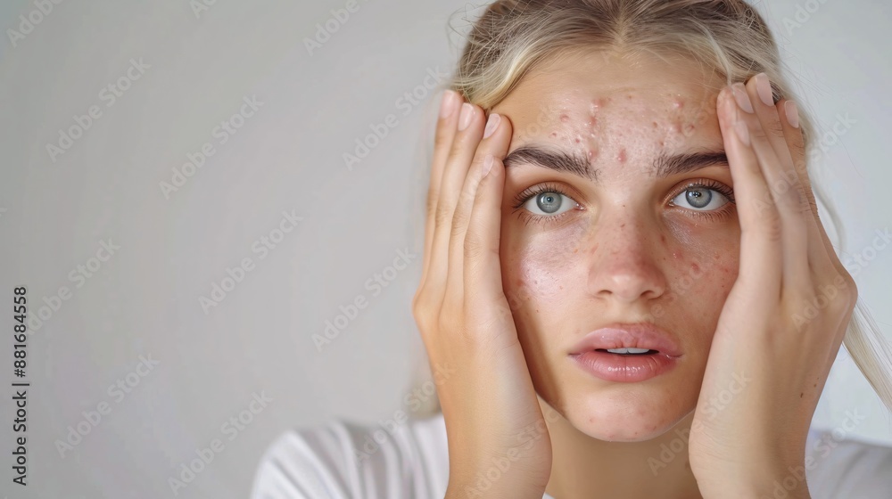Anxious attractive blonde female popping blemishes on her face in a blank studio setting. Anxious attractive blonde female popping blemishes on her face in a blank studio setting.