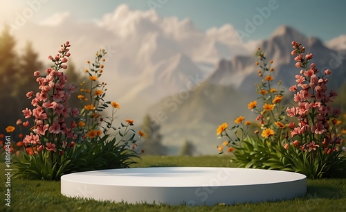 A simple round podium With Nature and  flowres for product disply photo