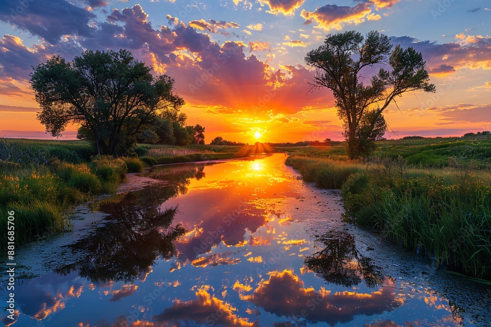 Obraz premium Stunning dawn over a picturesque view with vibrant skies, foliage, meadows and a shimmering reflection of the radiant sun.