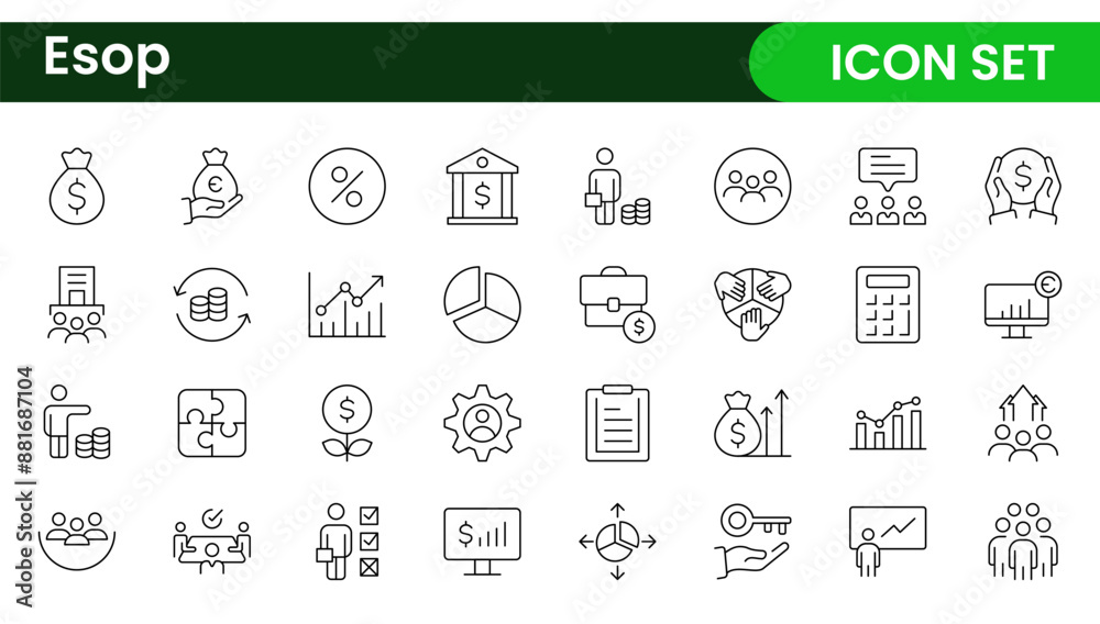 Outline icons about ESOP employee stock ownership plan. Contains such icons as company, win-win, scheme and benefits. Outline icons about ESOP employee stock ownership plan. Contains such icons as company, win-win, scheme and benefits.