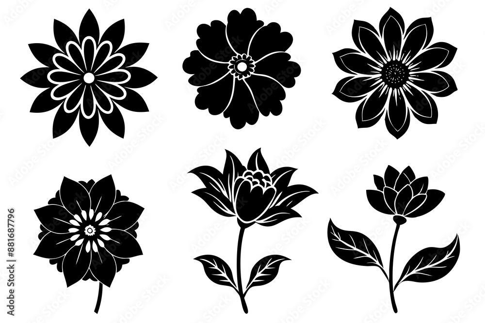 A set of flower Silhouette black vector art illustration 