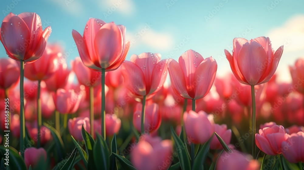 Beautiful Pink Tulips Blooming in a Sunlit Field - Generative AI Beautiful Pink Tulips Blooming in a Sunlit Field - Generative AI