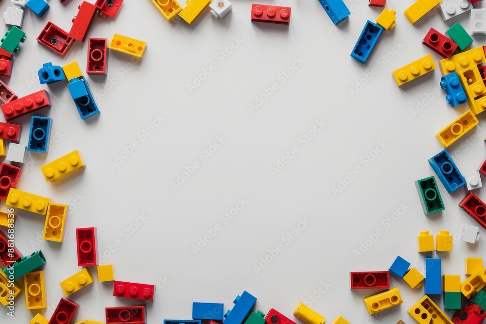 Colorful bricks scattered on a white background with ample white space, perfect for creativity and construction concepts. Colorful bricks scattered on a white background with ample white space, perfect for creativity and construction concepts.