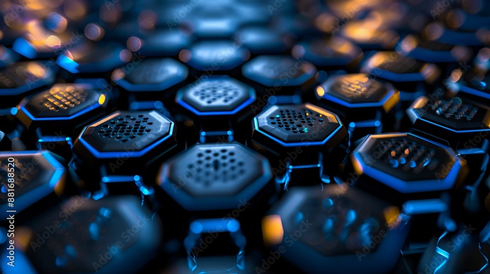 A close up of hexagonal shapes with blue lights. A close up of hexagonal shapes with blue lights.