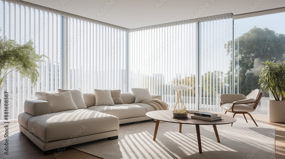 Modern living room with floor-to-ceiling and garden background