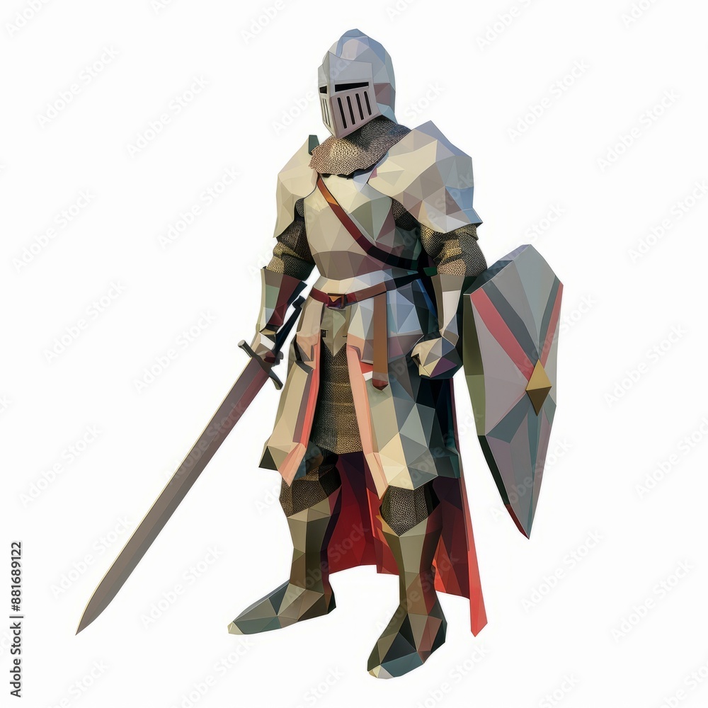 Fototapeta premium 3D Render, Low Poly style of a brave knight, on isolated white background, Generative AI