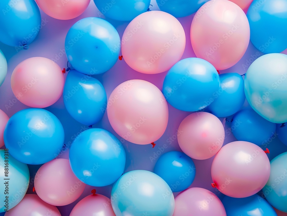 Many blue and pink balloons are arranged on a white background.