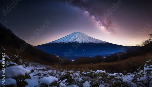 残雪のある富士山と星空