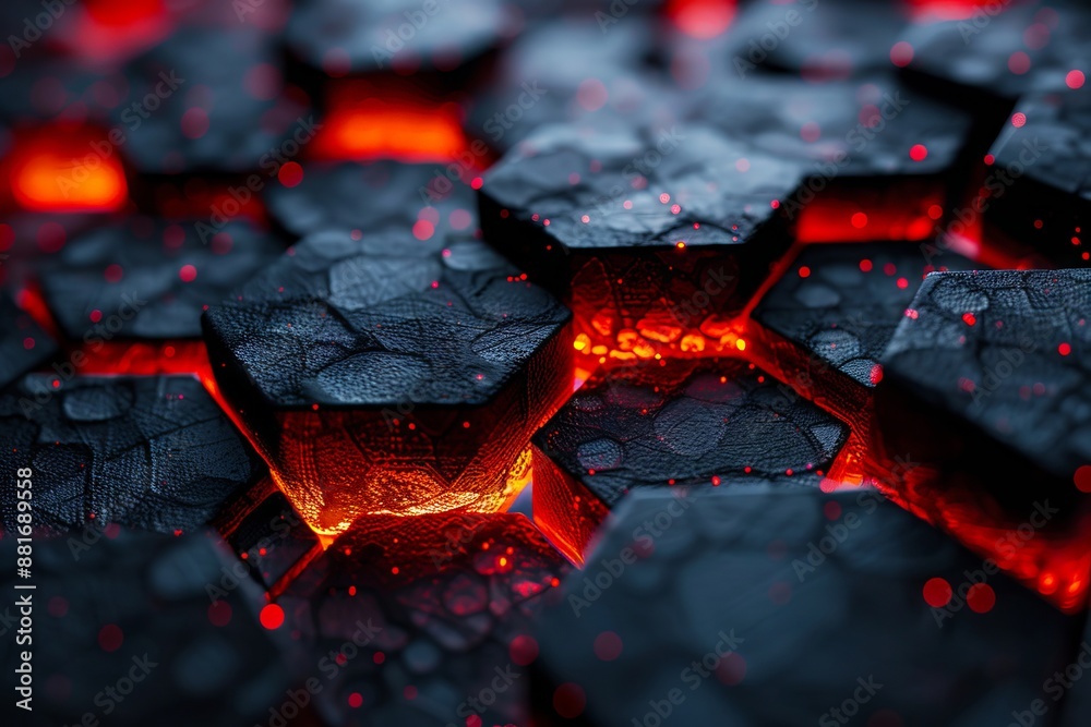 A close up of some black and red hexagons. A close up of some black and red hexagons.