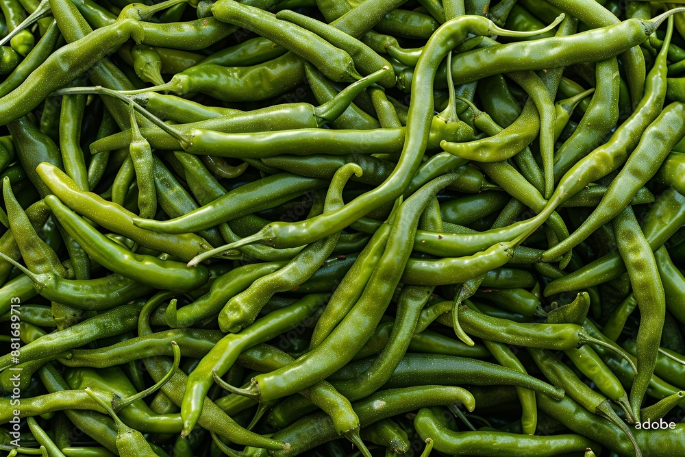 Top view of fresh green chili peppers for background, texture or pattern. Green chilli pile. Top down view of sweet legumes in a natural organic market. Sichuan cuisine with prime hot peppers in the s Top view of fresh green chili peppers for background, texture or pattern. Green chilli pile. Top down view of sweet legumes in a natural organic market. Sichuan cuisine with prime hot peppers in the s