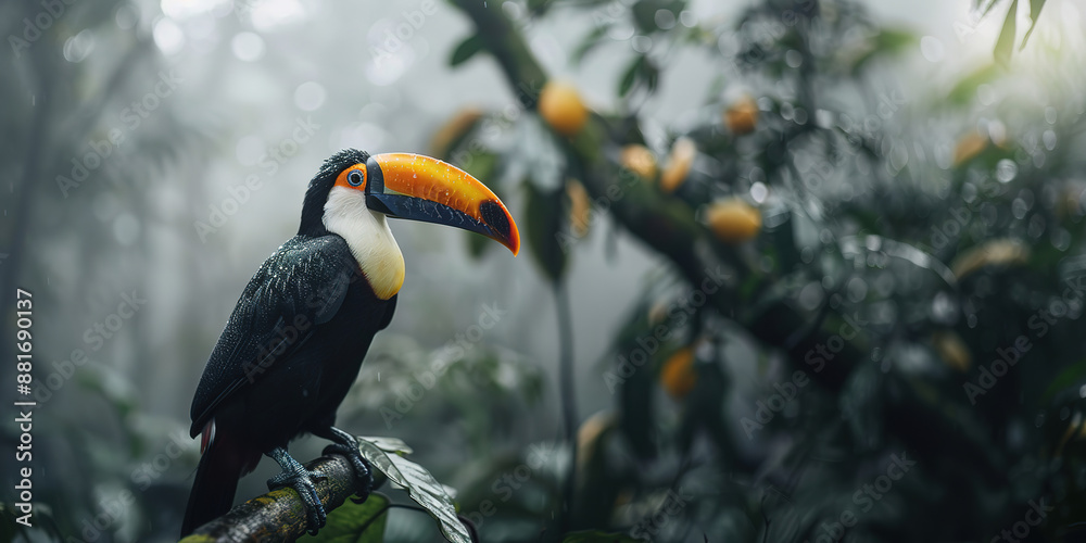 Fototapeta premium Photo of full body toucan, unfocused background, with empty copy space