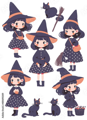 Halloween-themed cartoon set with witch and black cat characters, perfect for a fun holiday party material, stickers, card, clipart, transparent background.