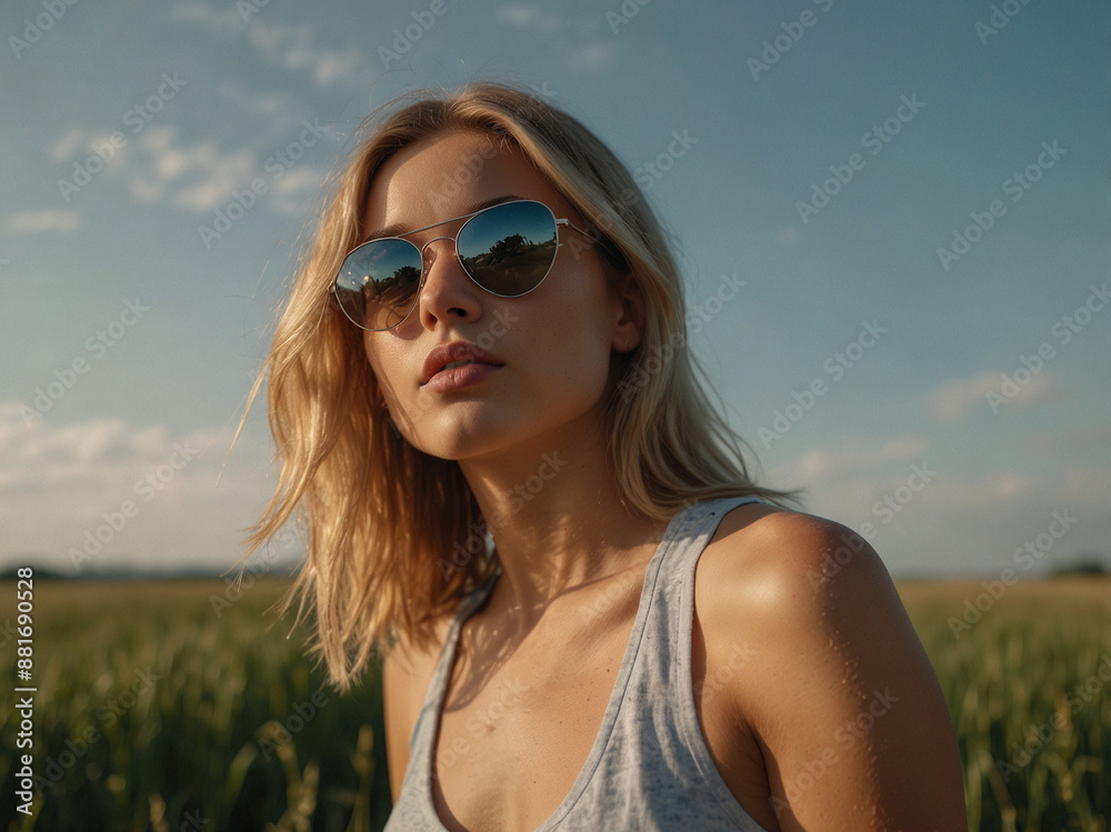 Woman in Sunglasses Standing in Wheat Field Under Clear Sky Woman in Sunglasses Standing in Wheat Field Under Clear Sky