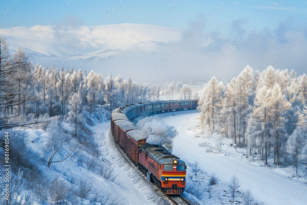 Diesel freight train pulls wagons through a winter landscape, rail transport of goods between cities or countries, export and import of goods, land transport, Diesel freight train pulls wagons through a winter landscape, rail transport of goods between cities or countries, export and import of goods, land transport,